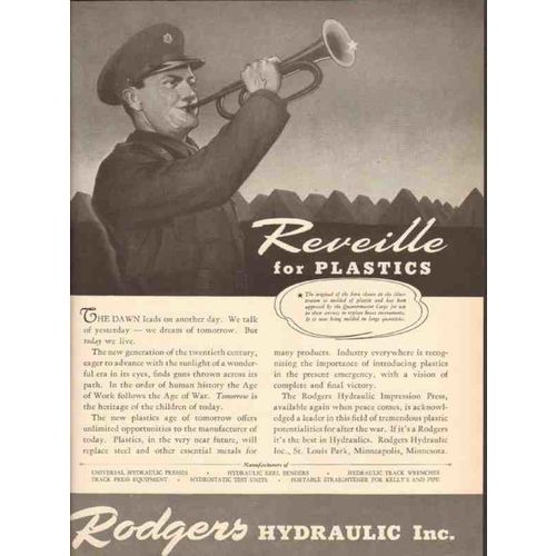 RODGERS HYDRAULICS INC 1943 Reveille for plastics WW2 vintage ad