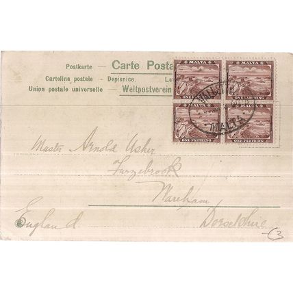 MALTA One Farthing block of 4 stamps on postcard c.1913 horse head picture
