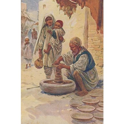 Street Pottery Potter Indian Making India Antique Oilette Painting Old Postcard