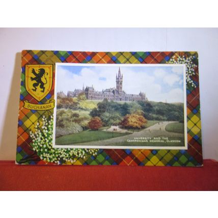 UNIVERSITY & CAMERONIANS MEMORIAL, GLASGOW used postcard 1960s Buchanan tartan =