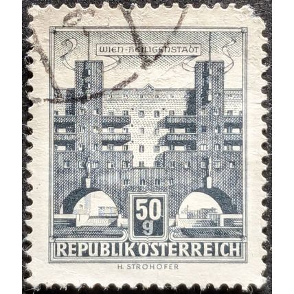 STAMP Austria Mi1044x 1959 50g Karl-Marx-Hof Vienna Used on yellowed paper