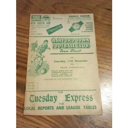 1961/62 Ashford Town v Hastings United - Southern League - 11/11/1961 *FREE P&P*