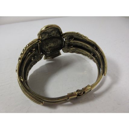 Owl Large Wide Cuff Bracelet Bangle Hinged Gold Patina Rhinestone Eyes Chunky