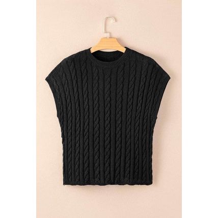 Black Crew Neck Cable Knit Short Sleeve Sweater