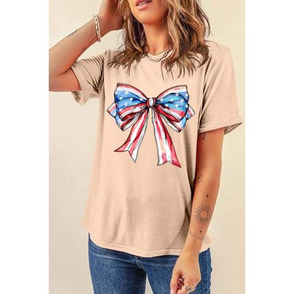Khaki American Flag Bow Knot Print Round Neck T Shirt