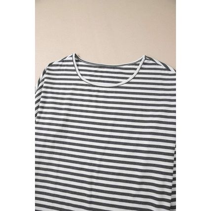 Gray Stripe Drop Sleeve Round Neck Oversized Long Sleeve Top