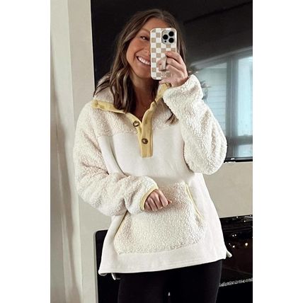 Beige Fleece Colorblock Trim Buttons Collar Sweatshirt with Pocket