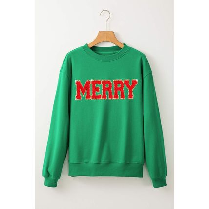 Dark Green Christmas Chenille MERRY Graphic Crew Neck Sweatshirt