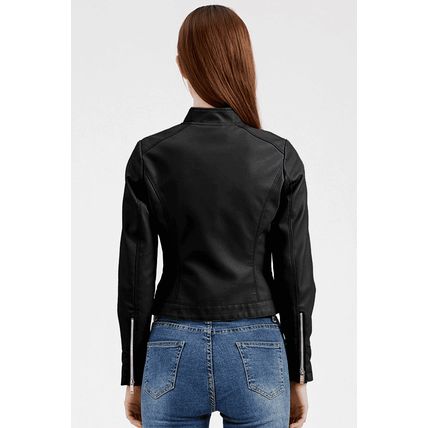 Black Faux Leather Snap Button Stand Neck Zipped Pocket Jacket