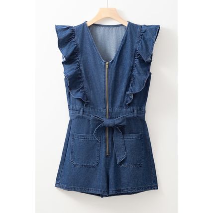 Sail Blue Denim Ruffled Zipped Front Belted Romper