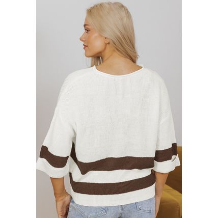 Brown Striped Accent Notched V Neck Cropped Sweater T Shirt