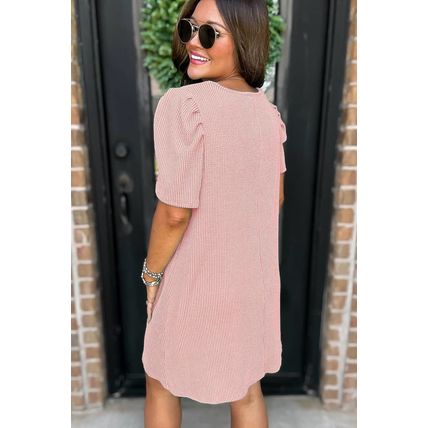 Blossom Corded Knit Crew Neck Puff Sleeve Shift Mini Dress