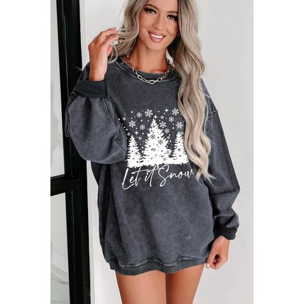 Gray Christmas Tree Flake Graphic Corded Sweatshirt