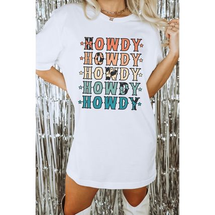 White HOWDY Stars Print Crew Neck Loose Fit T Shirt