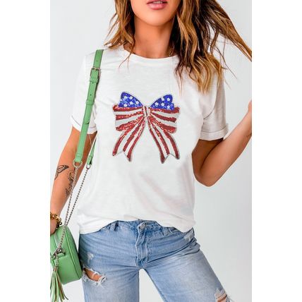 White USA Flag Bow Knot Patched Crew Neck T Shirt