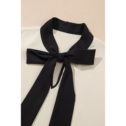 White Bow Knot Neckline Contrast Stripe Short Sleeve Blouse
