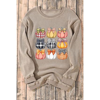 Khaki Trendy Textured Bow Pumpkin Graphic Baggy Sweatshirt