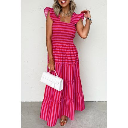 Rose Stripe Flutter Sleeve Smocked Bodice Tiered Maxi Dress