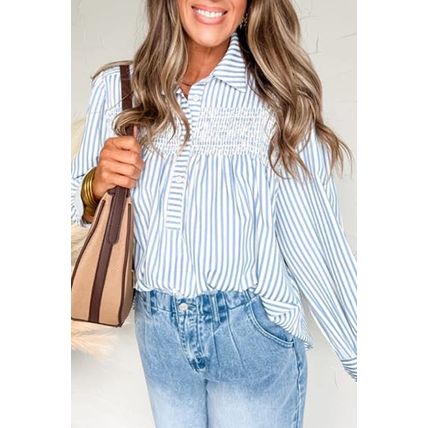 Sky Blue Stripe Shirred Detail Half Placket Collared Long Sleeve Fall Shirt