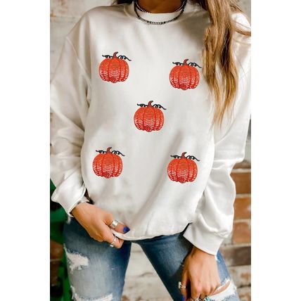White Sequin Pumpkin Patched Drop Shoulder Sweatshirt