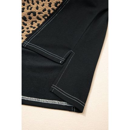 Brown Leopard Patchwork Contrast Stitching Knotted Cuff Quarter Zip Hoodie