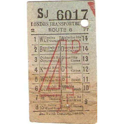 London Transport Route 6 ticket late 1950s to early 60s 4d adult ticket
