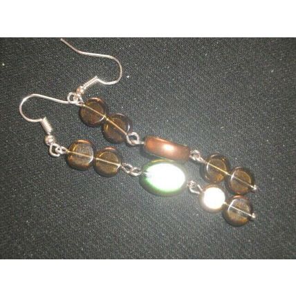 One off bronze dipped dark yellow & green glass long swing earrings