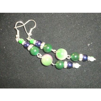 Fabulous blend of purple lilac & green glass long dangle earrings