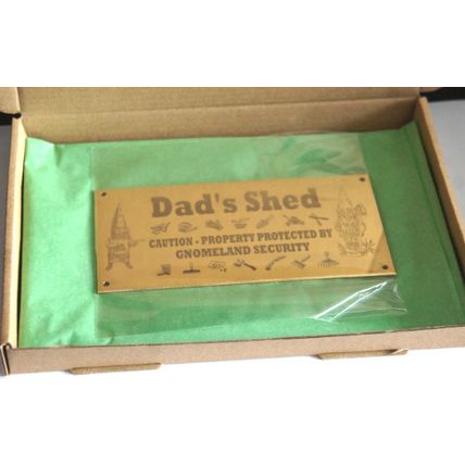 FATHERS DAY DADS SHED HANDMADE BRASS SIGN 6"X3" PROTECTED BY GNOMELAND SECURITY