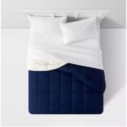 NAVY BLUE Microfiber Reversible Comforter Full/Queen Faux Shearling Washed,