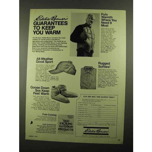 1976 Eddie Bauer Ad - Sportsman's Cap, Goose Down Vest