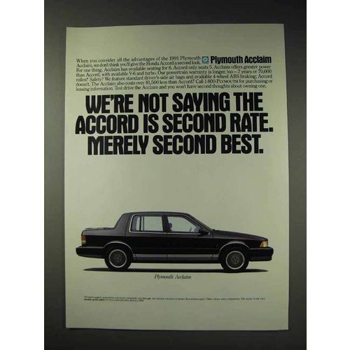 1991 Plymouth Acclaim Ad - Not Saying Accord is Second
