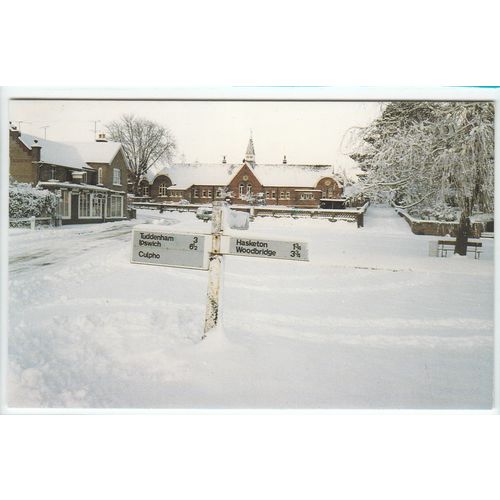The Green Grundisburgh Suffolk Winter Snow Postcard 1989