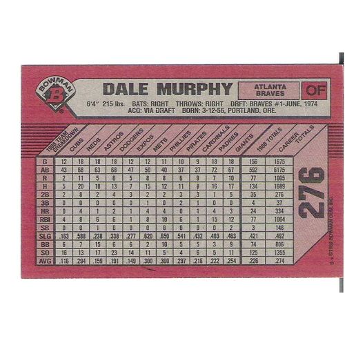 1989 Bowman baseball Dale Murphy card 276 - NM - Braves