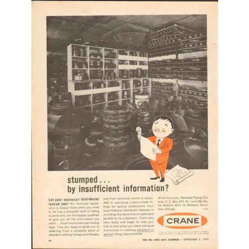CRANE COMPANY 1962 insufficient information welding supply vintage ad