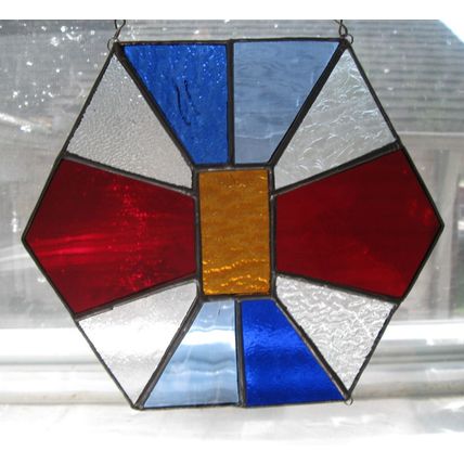 OOAK Handmade Stained Glass 6-Sided 8" Sun Catcher in Blue/Red/Gold/Clear
