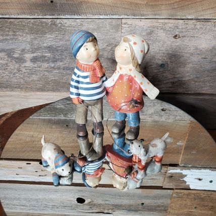Figurine - Boy & Girl Walking dogs - Brisk Walk - Stocking Caps - Scarves