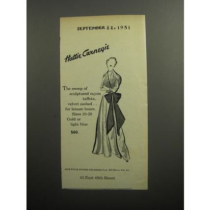 1951 Hattie Carnegie Dress Ad - The sweep of sculptured rayon taffeta
