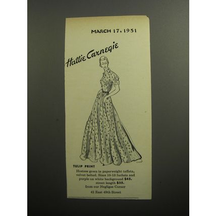 1951 Hattie Carnegie Tulip Print Hostess Gown Advertisement