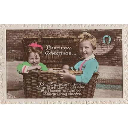 Boy & Girl In Basket Wild Red Hat Real Photo Old Greetings Postcard
