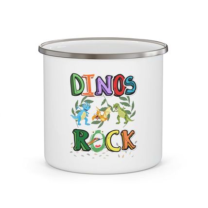Raptor Dinosaurs Dinos Rock this Place Enamel Campfire 12oz Stainless Steel Mug