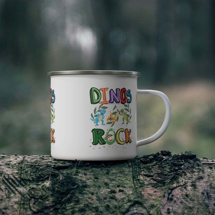 Raptor Dinosaurs Dinos Rock this Place Enamel Campfire 12oz Stainless Steel Mug