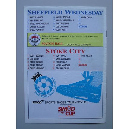 SHEFFIELD WEDNESDAY v STOKE CITY Simod Cup 2nd Round 01/12/1987