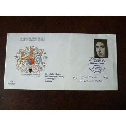 1969 GB Prince Charles 21st Birthday Arms Caernarvon Cover Readdressed Lancaster