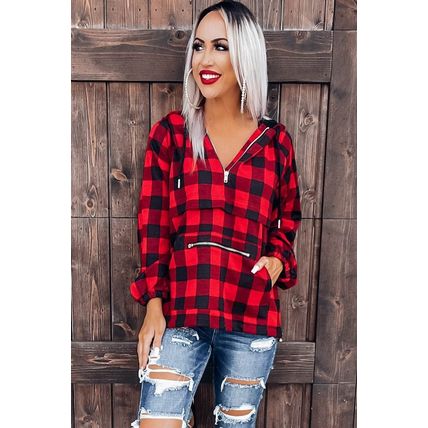Red Buffalo Plaid Zipped Front Pocketed Hoodie