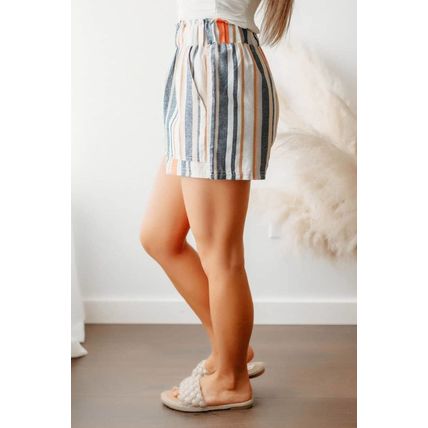 Stripe Vintage Washed Elastic Frill Waist Casual Shorts