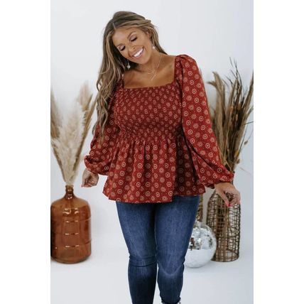 Plus Size Square Neck Printed Peplum Top