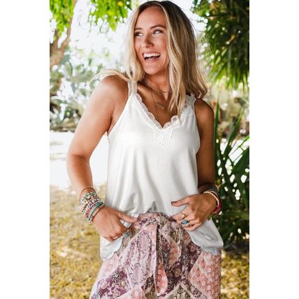 White Delicate Lace Trim Flared Tank Top