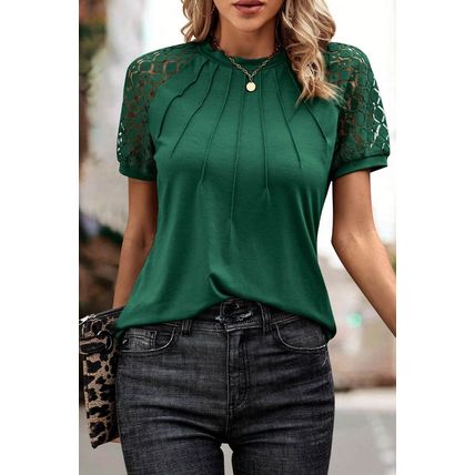 Blackish Green Seamed Detail Contrast Lace Raglan Sleeve Tee