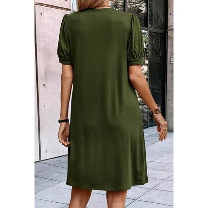 Fern Green Notched Neck Pleated Puff Sleeve Shift T-shirt Dress